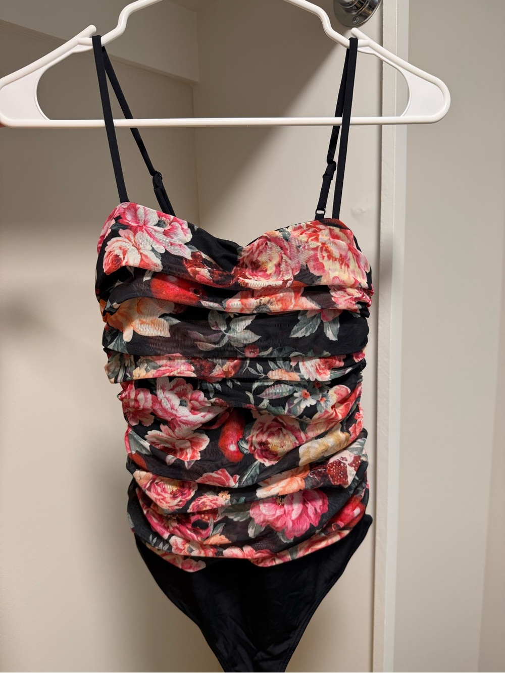 Express Floral Ruched Mesh Bodycon Dress / Bodysuit Top Black Pink Size S NWT